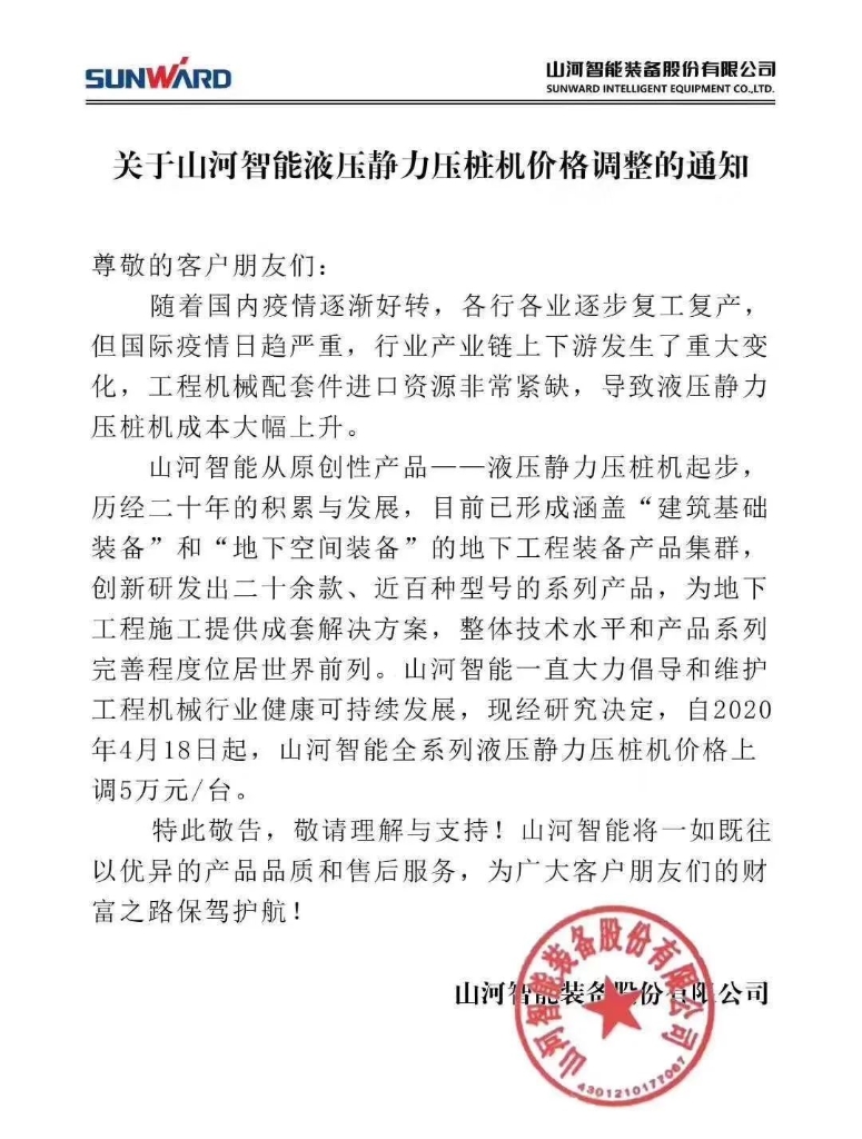 关于完美智能液压静力压桩机价格调整的通知